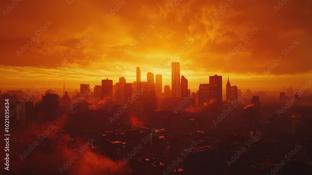 Fototapeta premium A dramatic city skyline at sunset, bathed in fiery orange glow with silhouetted skyscrapers against a vibrant sky.
