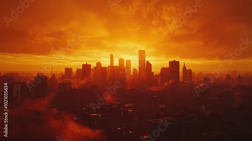 A dramatic city skyline at sunset, bathed in fiery orange glow with silhouetted skyscrapers against a vibrant sky.