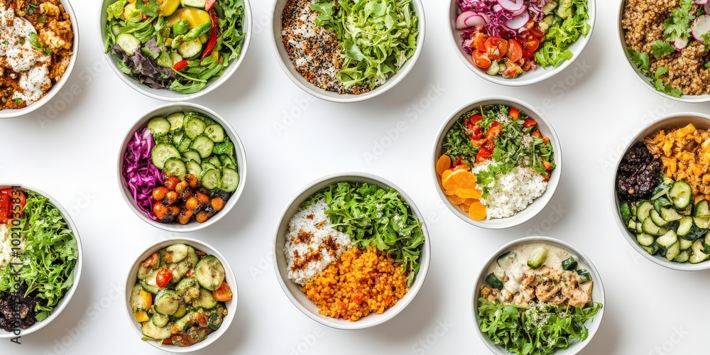 A vibrant assortment of healthy grain and vegetable bowls on a white background. A vibrant assortment of healthy grain and vegetable bowls on a white background.