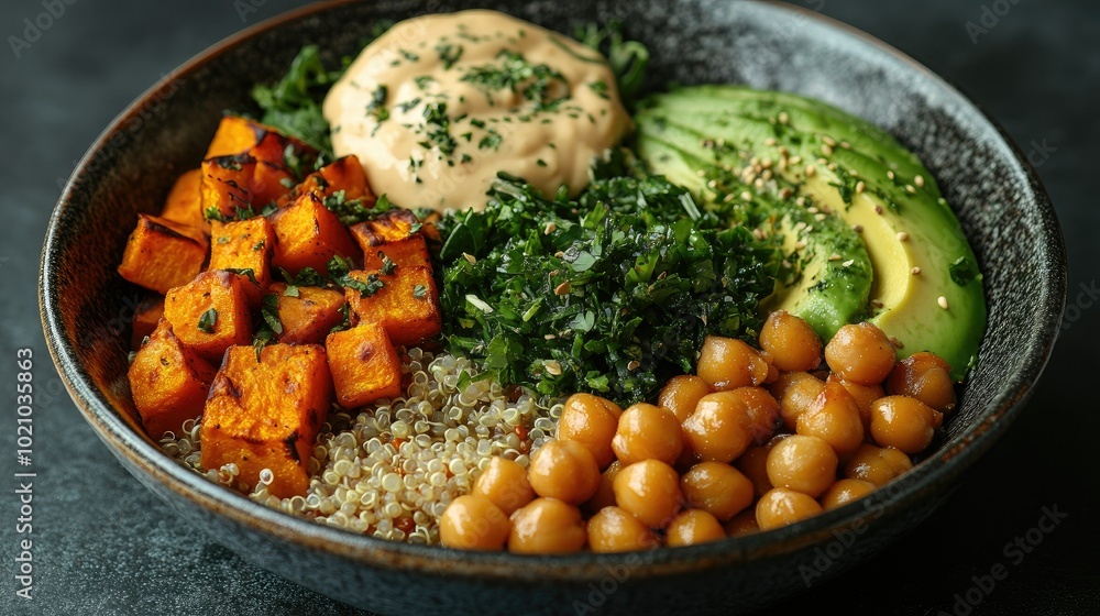 A vibrant Buddha bowl filled with quinoa, roasted sweet potatoes, avocado slices, chickpeas, and leafy greens, drizzled with tahini sauce, arranged neatly in a bowl A vibrant Buddha bowl filled with quinoa, roasted sweet potatoes, avocado slices, chickpeas, and leafy greens, drizzled with tahini sauce, arranged neatly in a bowl