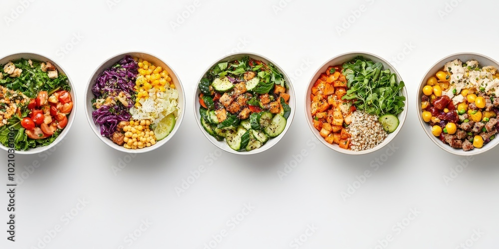 A vibrant array of healthy salad bowls featuring fresh vegetables and grains on a white background. A vibrant array of healthy salad bowls featuring fresh vegetables and grains on a white background.