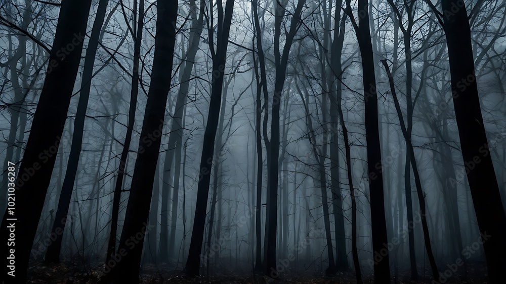 A dark and eerie forest filled with towering, bare trees, thick fog creeping through, creating a haunting and chilling Halloween vibe. A dark and eerie forest filled with towering, bare trees, thick fog creeping through, creating a haunting and chilling Halloween vibe.