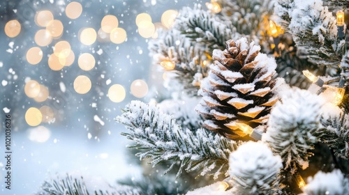 Snowy pine cones and twinkling lights on a Christmas tree, symbolizing the happiness of new beginnings in the holiday season.