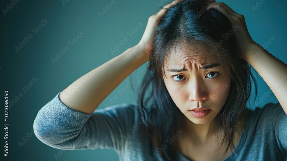 A candid moment of an Asian woman looking anxiously at her scalp, demonstrating the distress caused by hair loss A candid moment of an Asian woman looking anxiously at her scalp, demonstrating the distress caused by hair loss