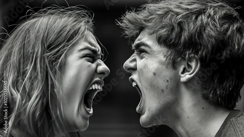 A passionate confrontation between a young Caucasian man and woman, both screaming. Shot in black and white, the scene captures the emotional intensity and dynamics of their dispute.