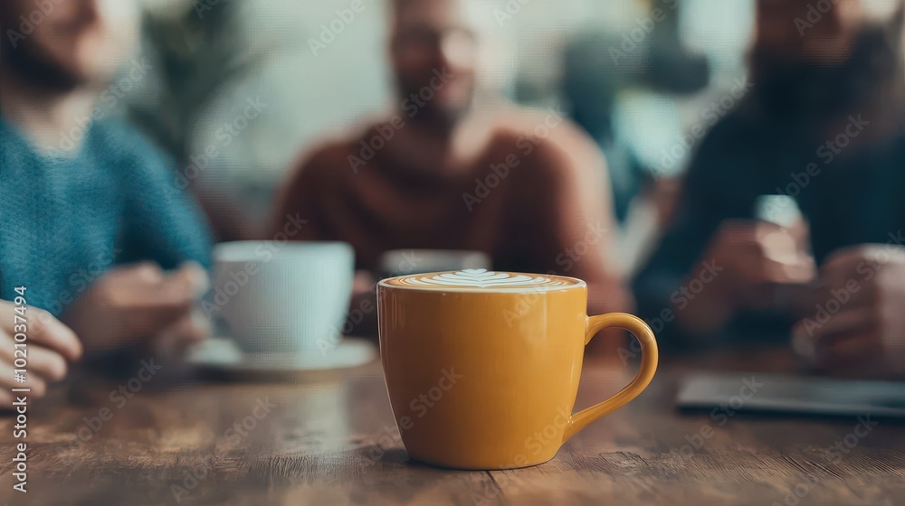 A close-up of a steaming cup of coffee on a wooden table, with blurred friends chatting in the background, creating a cozy atmosphere. A close-up of a steaming cup of coffee on a wooden table, with blurred friends chatting in the background, creating a cozy atmosphere.