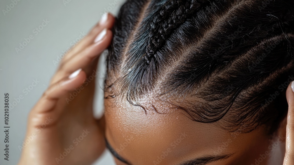 Naklejka premium A close-up image of a woman scratching her itchy scalp, with damaged hair visible, illustrating the common struggles