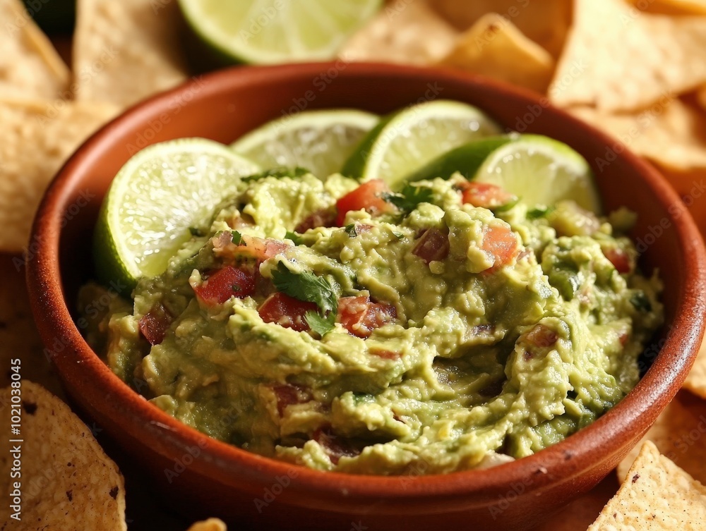 Delicious guacamole in a rustic bowl with lime slices and tortilla chips. Delicious guacamole in a rustic bowl with lime slices and tortilla chips.