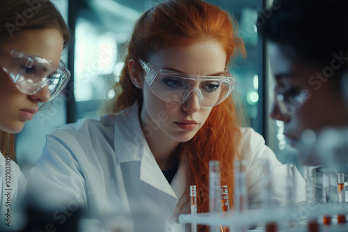  Female Scientific Research Team Analyzing Clear Solution in Laboratory Environment with Chemistry Equipment