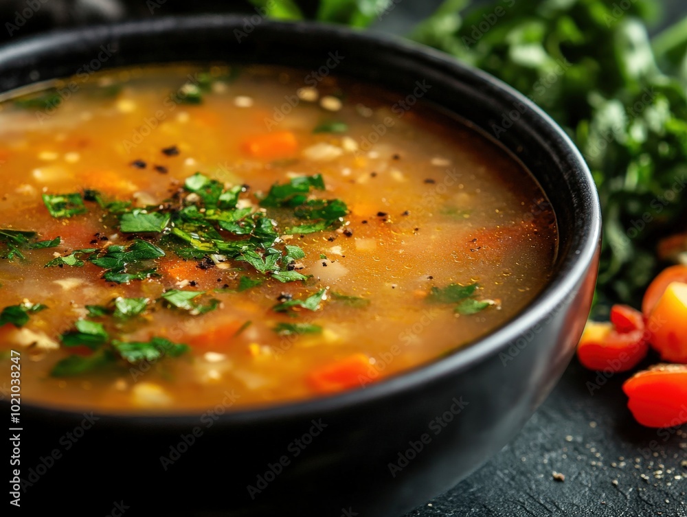 Close-up of a bowl of hearty vegetable soup garnished with fresh herbs. Close-up of a bowl of hearty vegetable soup garnished with fresh herbs.