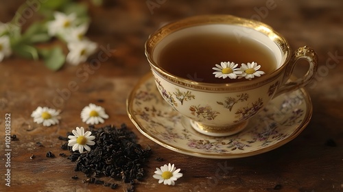 A cup of herbal tea with chamomile flowers on the saucer, sitting in an elegant teacup