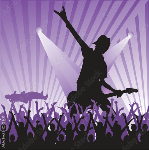 Silhouette of a rock star energetically performing on stage in front of a huge crowd, capturing the excitement and energy of a live concert in this vibrant vector illustration.

