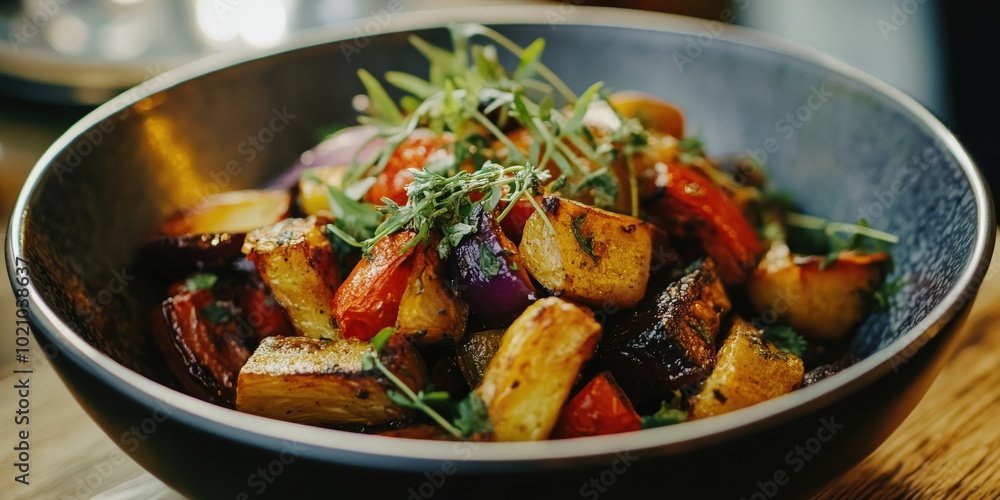 A vibrant bowl of roasted vegetables garnished with fresh herbs, showcasing a colorful and appetizing dish. A vibrant bowl of roasted vegetables garnished with fresh herbs, showcasing a colorful and appetizing dish.