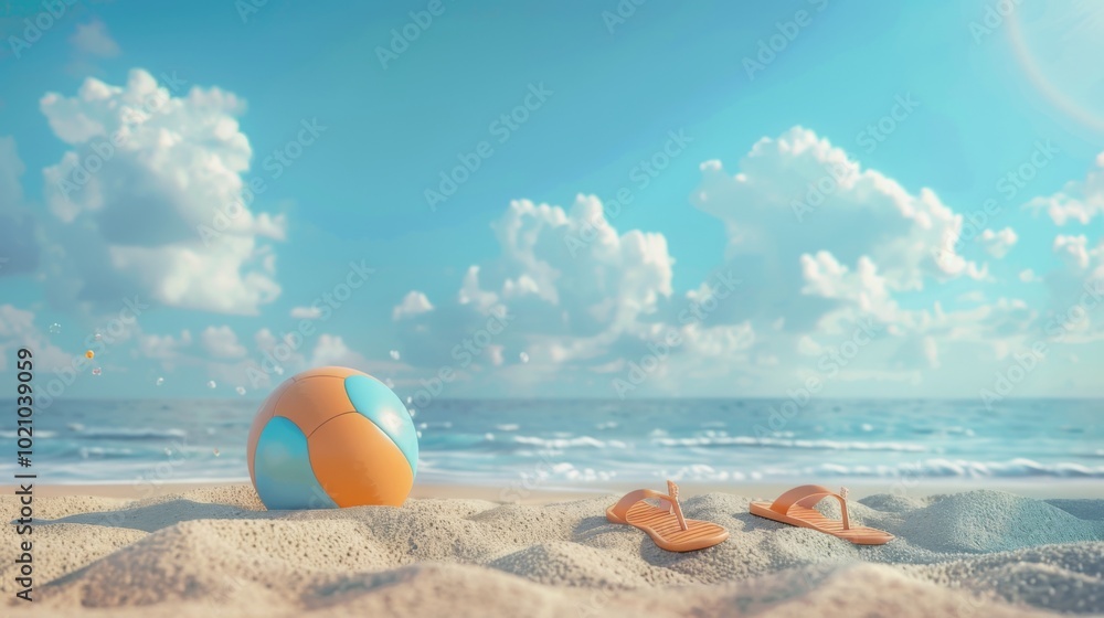 Summer vacation concept: flip-flops, beach ball, and snorkel on the sand. Summer vacation concept: flip-flops, beach ball, and snorkel on the sand.