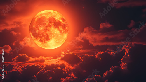 Red Moon : A red moon against a designed background.