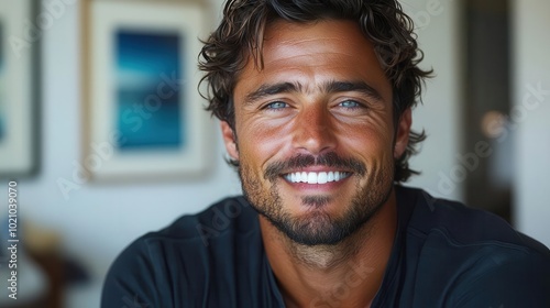 closeup portrait of a handsome man displaying a radiant smile and clean teeth emphasizing personal grooming and confidence set against a crisp white background for a dental advertisement