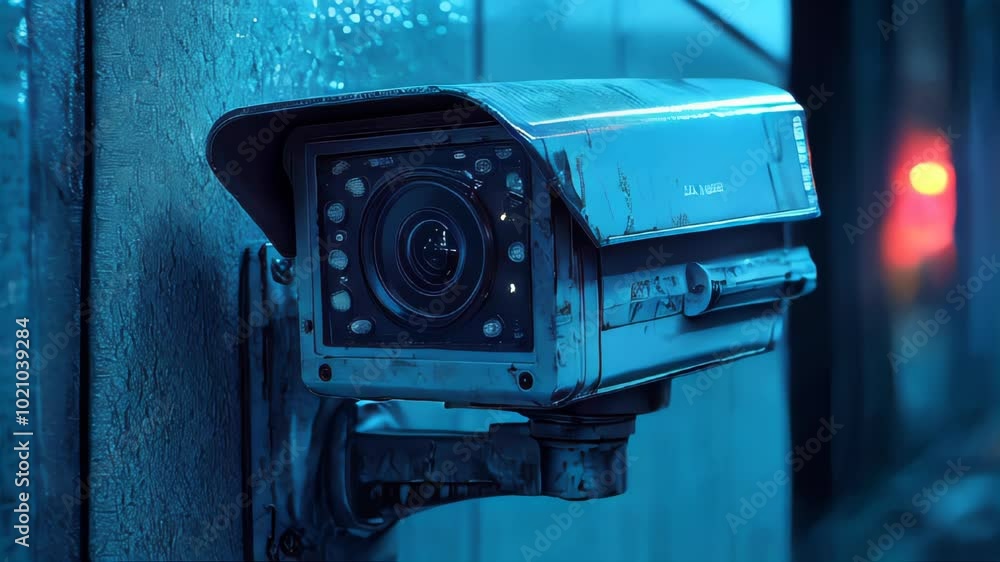 A weathered security camera in an urban alley, illuminated by neon lights, captures the scene with red indicator lights on A weathered security camera in an urban alley, illuminated by neon lights, captures the scene with red indicator lights on