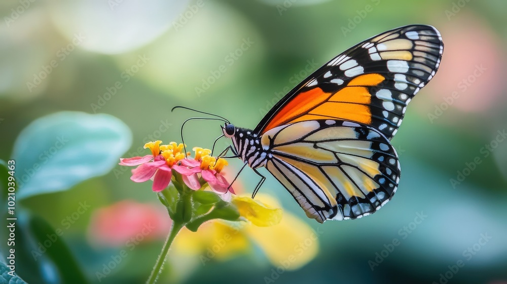 Vibrant monarch butterfly perched delicately on colorful flowers in a lush garden setting. Vibrant monarch butterfly perched delicately on colorful flowers in a lush garden setting.