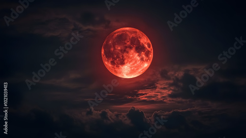 Red Moon Real / Full Blood Moon on Black Sky: A real image of a full blood moon against a dark, black sky, with selective focus highlighting the moon's details.