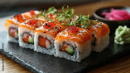 Assorted sushi rolls neatly arranged on a black slate plate, served with pickled ginger, soy sauce, and wasabi for a touch of color