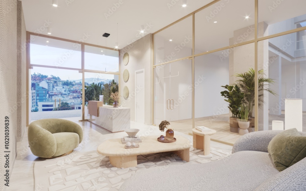 Lobby con sala de espera de edificio vista a la ciudad, 3d render Lobby con sala de espera de edificio vista a la ciudad, 3d render