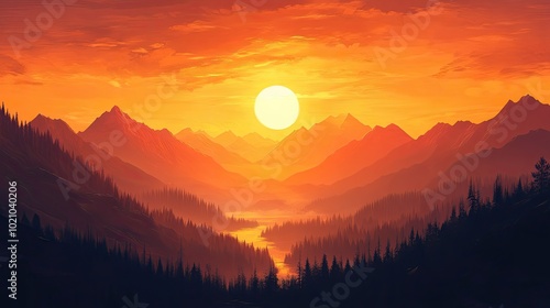 A bright orange sunset casting warm light over a serene mountain landscape