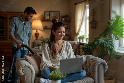 In a cozy living room, a man vacuums while his wife happily works on her laptop, highlighting a reversal of traditional gender stereotypes in household roles.