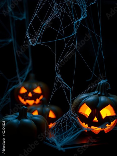 A close-up of halloween decorations including cobwebs and glowing pumpkins set against a dark moody backdrop halloween backdrop photo