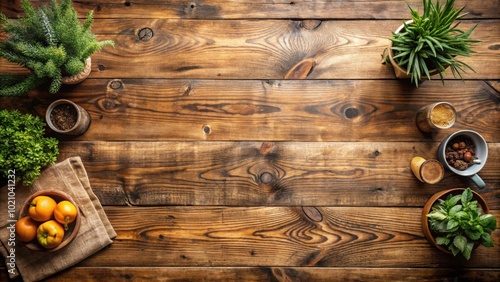 Rustic Wooden Tabletop with Greenery, Fruit, and Decorative Elements