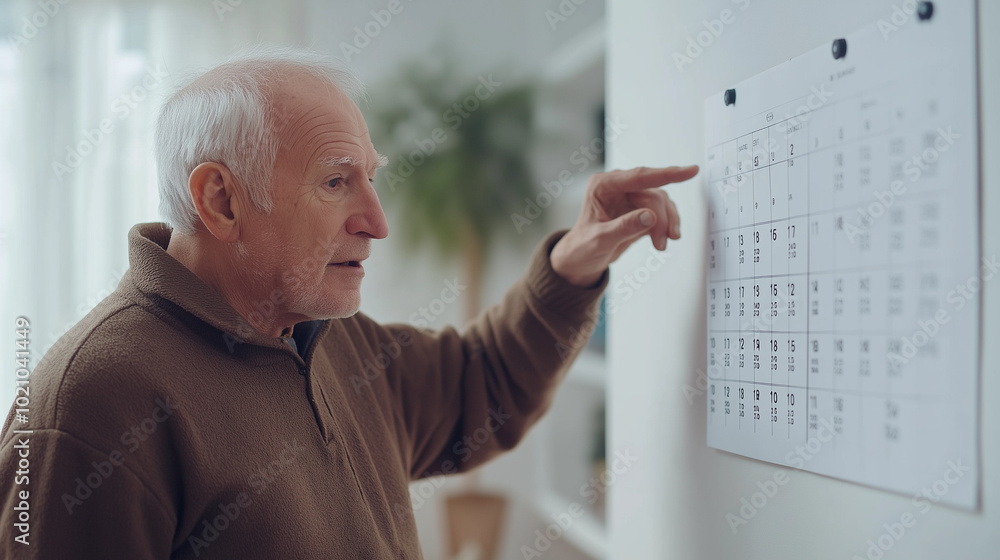 Fototapeta premium An elderly man looking at wall calander date. suffering from forget Alzheimer disease, dementia concept. 