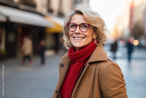 Portrait of smiling senior woman with eyeglasses in the city