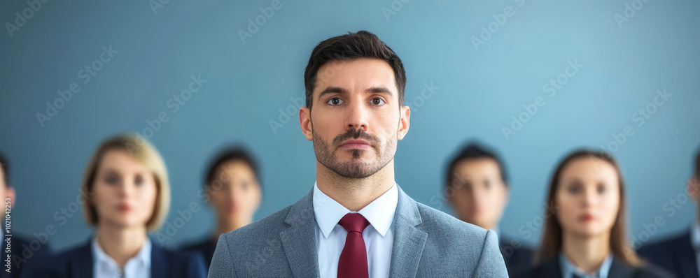 A serious man in a suit stands confidently in front of a group, suggesting leadership and focus in a professional setting. A serious man in a suit stands confidently in front of a group, suggesting leadership and focus in a professional setting.