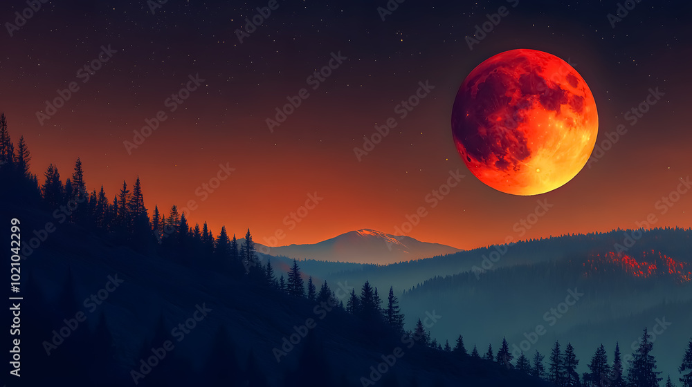 Red Moon Eclipse 2018: A red moon during a full moon eclipse in 2018, rising from the horizon with a forest and hill silhouette. Red Moon Eclipse 2018: A red moon during a full moon eclipse in 2018, rising from the horizon with a forest and hill silhouette.