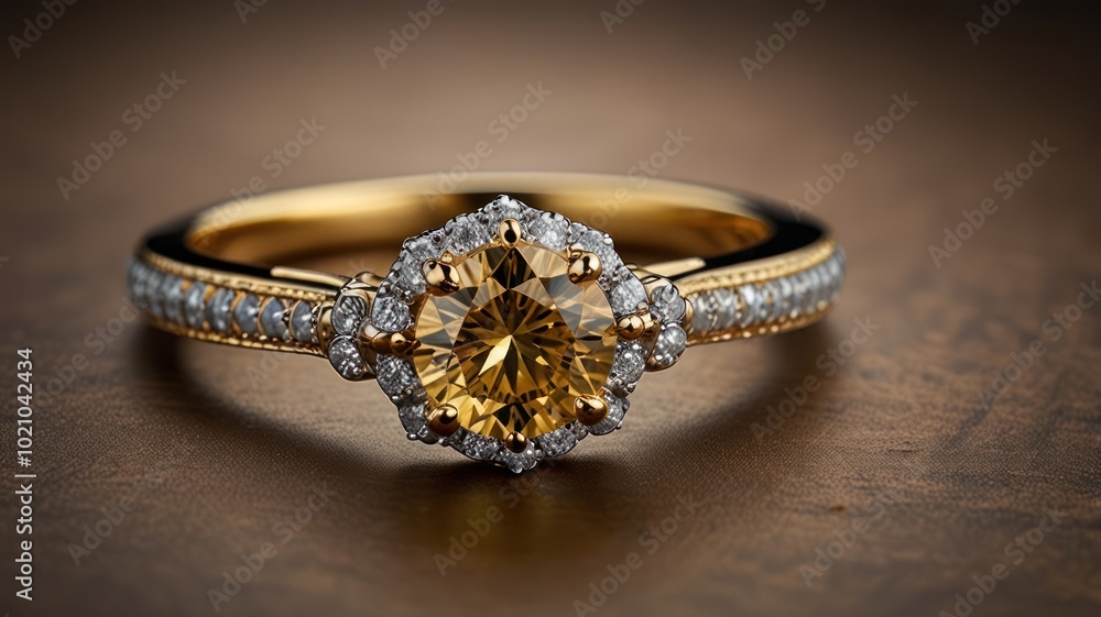 A close-up shot of a gold engagement ring with a large yellow diamond and a halo of smaller diamonds. A close-up shot of a gold engagement ring with a large yellow diamond and a halo of smaller diamonds.