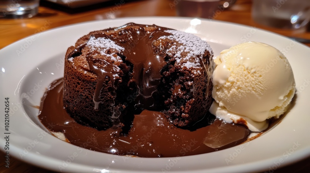 Decadent molten chocolate lava cake with vanilla ice cream on a white plate. Decadent molten chocolate lava cake with vanilla ice cream on a white plate.