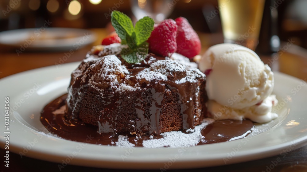 Decadent chocolate lava cake with vanilla ice cream and fresh berries on a white plate. Decadent chocolate lava cake with vanilla ice cream and fresh berries on a white plate.