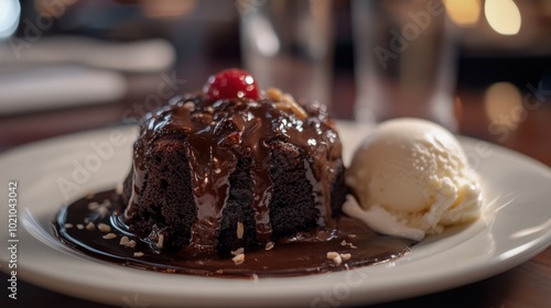 Delicious chocolate lava cake with a cherry on top, served with vanilla ice cream.