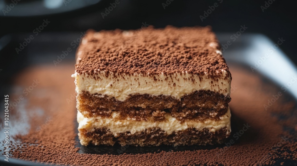 Close-up of a delicious tiramisu dessert with cocoa powder dusting. Close-up of a delicious tiramisu dessert with cocoa powder dusting.