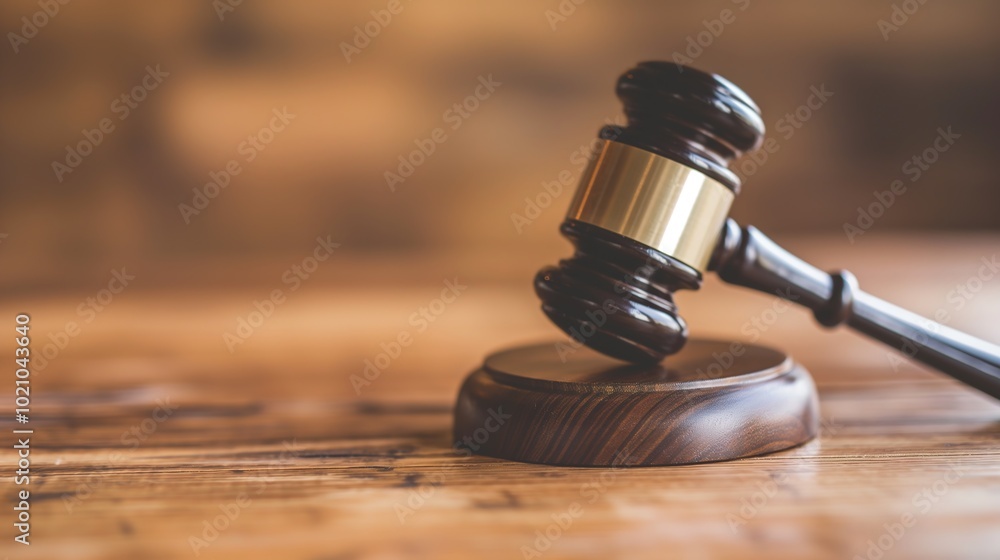 Obraz premium Close-up of a gavel on a wooden desk, symbolizing authority and importance of election rules, with copy space for text or design.