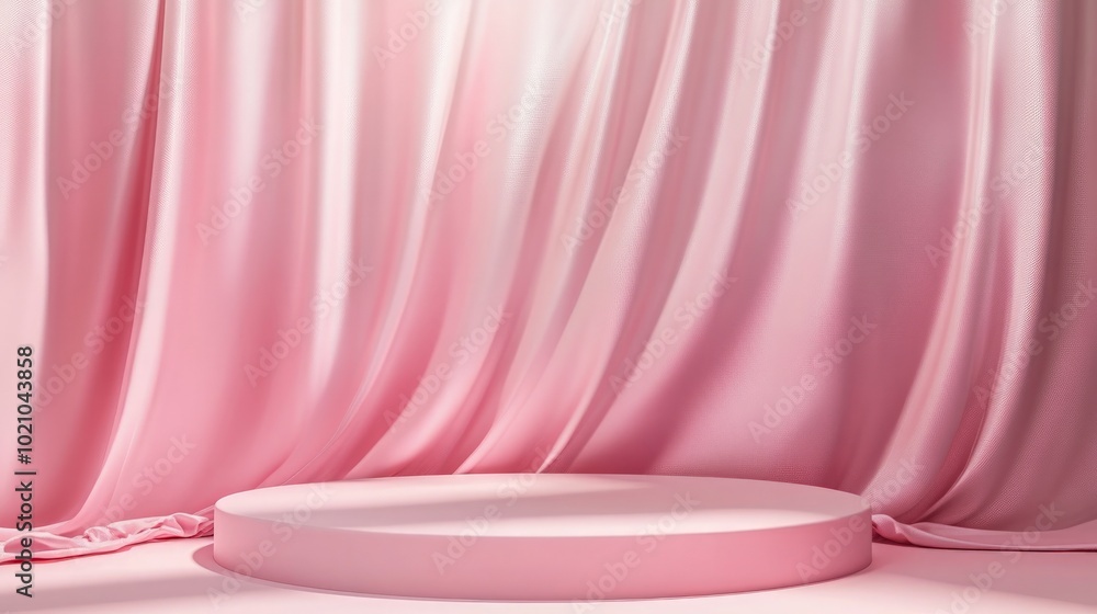Elegant pink fabric draped over a podium, showcasing luxury cosmetics against a minimalistic pastel backdrop, ideal for beauty product presentations and advertisements Elegant pink fabric draped over a podium, showcasing luxury cosmetics against a minimalistic pastel backdrop, ideal for beauty product presentations and advertisements