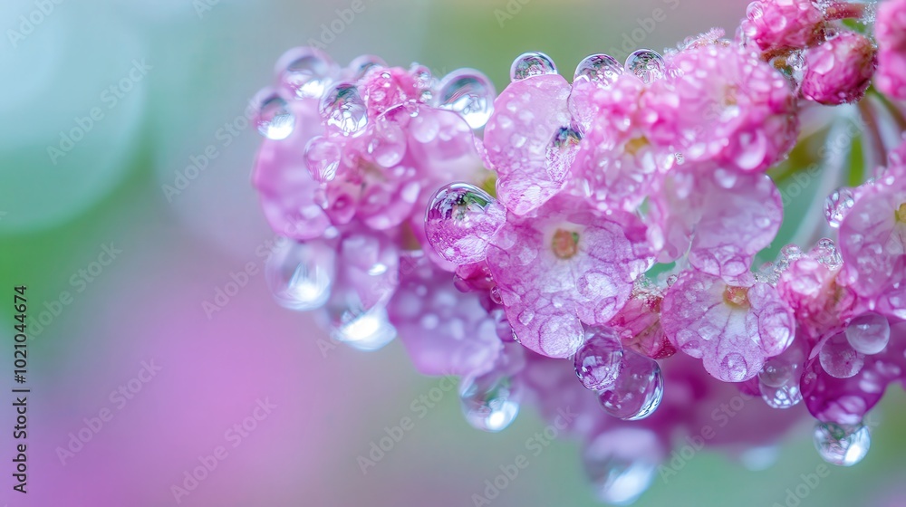 Close-up of delicate pink flowers covered in dewdrops, sparkling in the soft morning light. Close-up of delicate pink flowers covered in dewdrops, sparkling in the soft morning light.