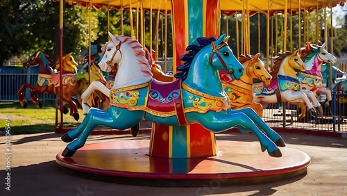 A vibrant merry-go-round sits still in the middle of a playground, its bright colors reflecting the sunlight, ready for the next spin. photo