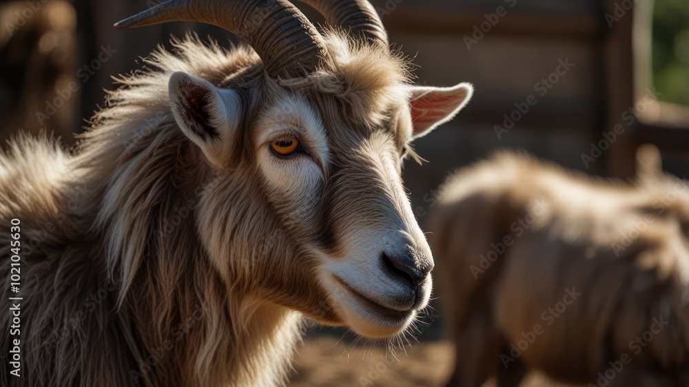 A close-up portrait of a brown goat with horns, looking to the side. The goat has a white face and a fuzzy coat. It is standing in a pen, with other goats in the background. A close-up portrait of a brown goat with horns, looking to the side. The goat has a white face and a fuzzy coat. It is standing in a pen, with other goats in the background.
