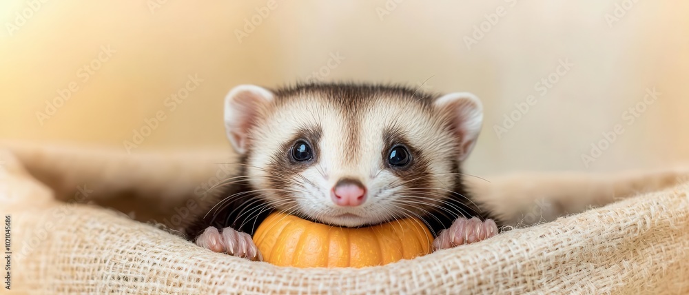Cute ferret with pumpkin resting on a burlap background.