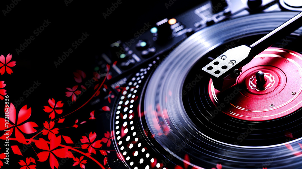 A close-up of a turntable with a vinyl record, featuring decorative floral elements. A close-up of a turntable with a vinyl record, featuring decorative floral elements.