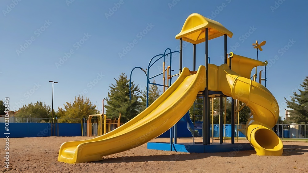 A vibrant yellow playground slide set against a clear blue sky, creating an inviting space for joyful outdoor play and fun. A vibrant yellow playground slide set against a clear blue sky, creating an inviting space for joyful outdoor play and fun.