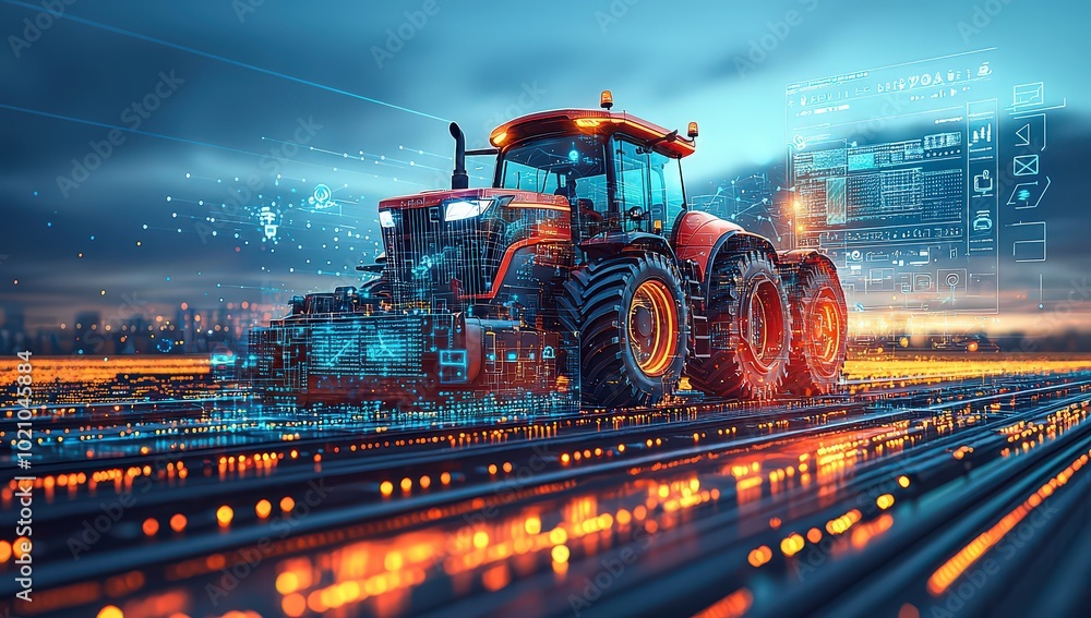 A vibrant illustration of an AI-inspired farm with smart tractors and precision farming technology, surrounded by fields in the background. A vibrant illustration of an AI-inspired farm with smart tractors and precision farming technology, surrounded by fields in the background.