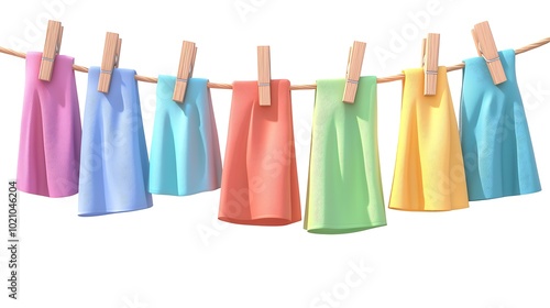 Colorful Fabric Hanging on Clothesline with Wooden Pegs Laundry Home Decor Design Elem