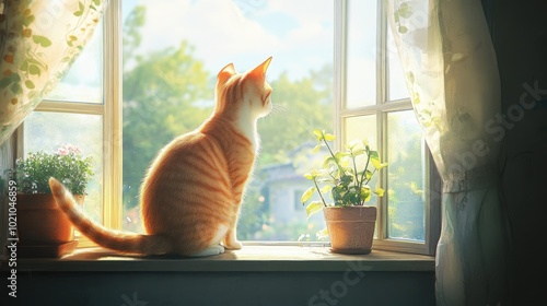 A cat perched on a windowsill, watching the world outside with its tail twitching in anticipation