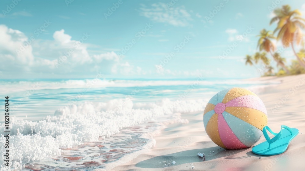 Summer vacation concept: flip-flops, beach ball, and snorkel on the sand. Summer vacation concept: flip-flops, beach ball, and snorkel on the sand.